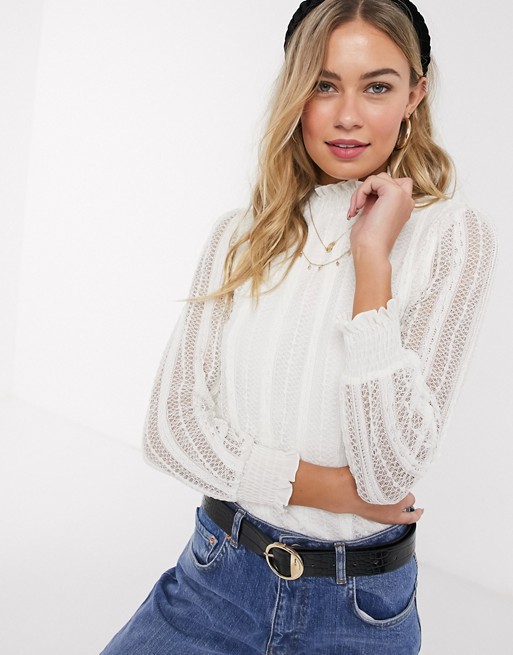 Oasis shirred neck blouse with lace in white
