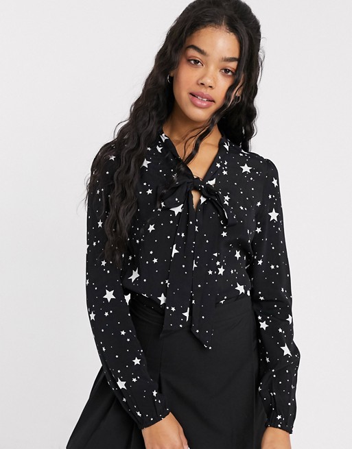 Oasis shirt with pussybow collar in star print