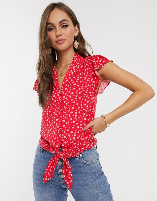 Oasis shirt with tie front in ditsy floral print