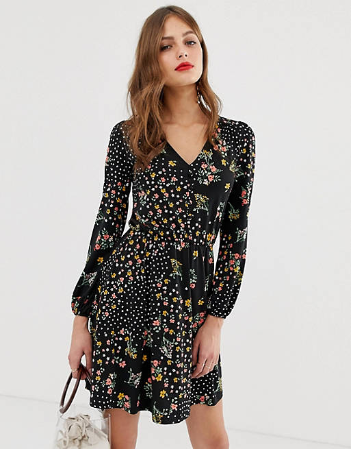 Oasis skater dress in mixed floral and spot print | ASOS