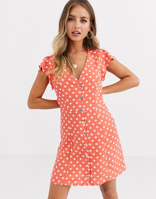 Oasis skater dress with button through in polka dot