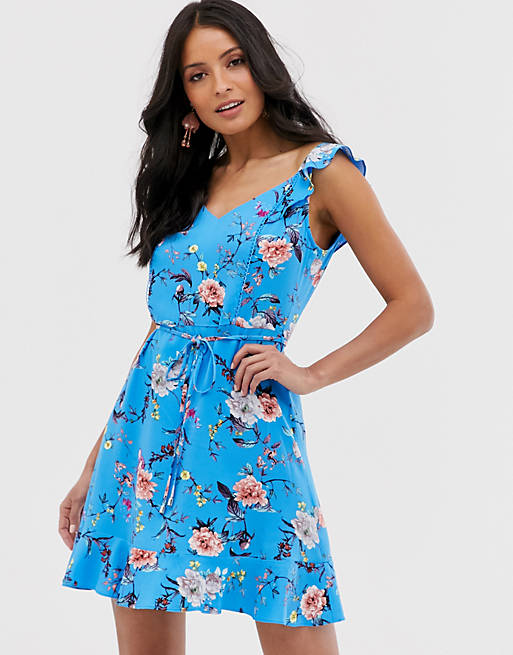 Oasis skater dress with frill sleeves in blue floral print | ASOS