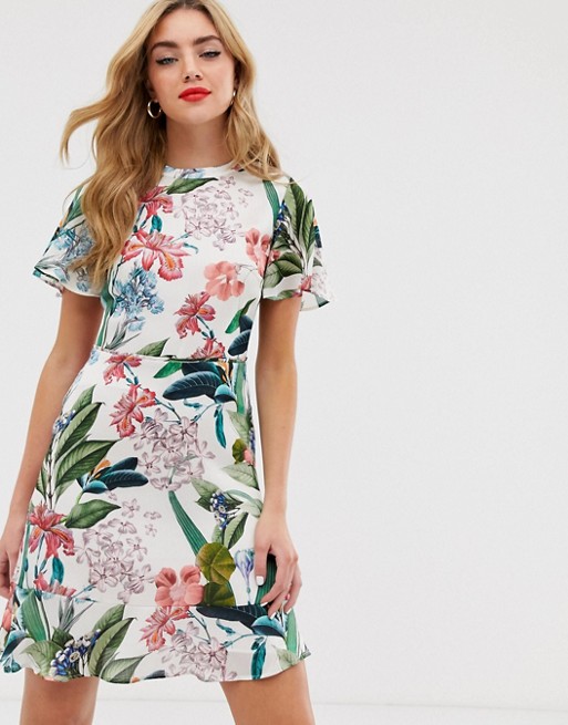 Oasis skater dress with high neck in tropical print
