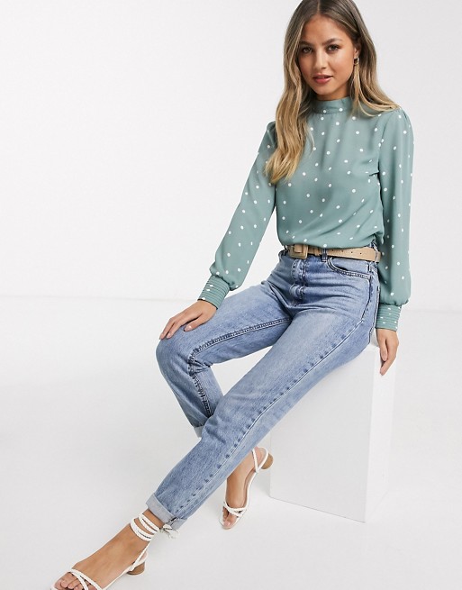 Oasis spot chiffon high neck top with frills in green