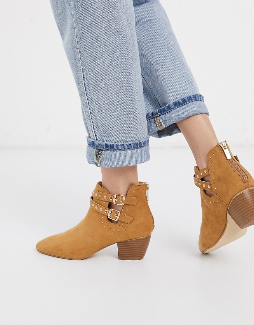 Oasis suedette heeled boots with cut out buckle details in tan-Brown