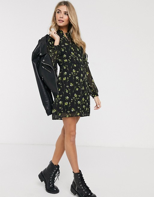Oasis swing dress with tie collar in floral print