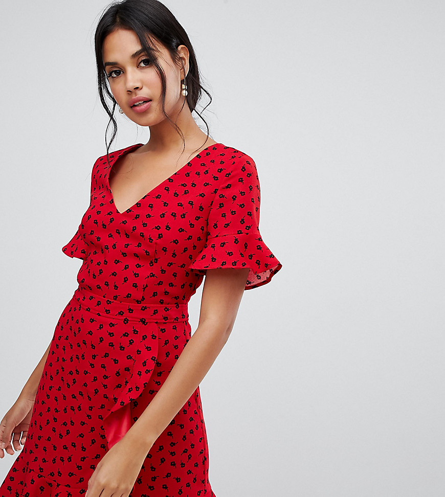 Oasis tea dress with ruffle detail in floral print-Red