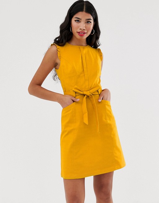 Oasis textured shift dress with belt in yellow