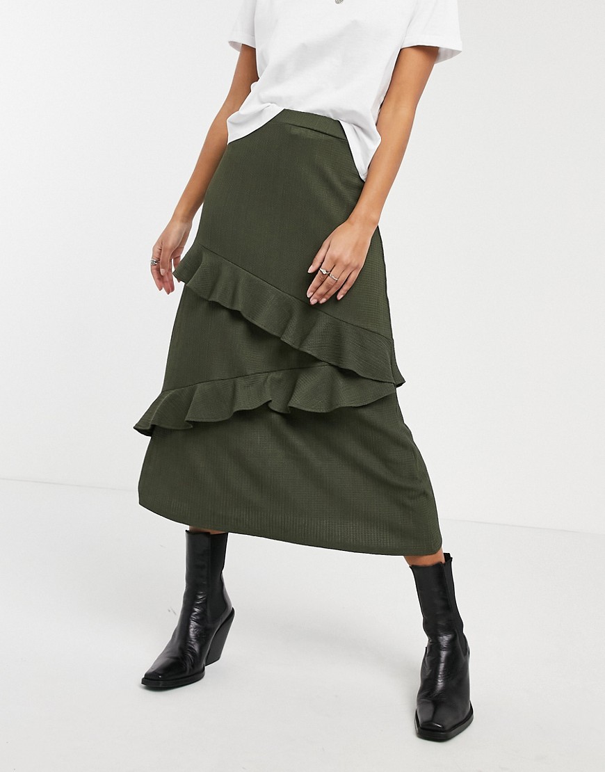 Oasis tiered midi skirt in khaki-Green