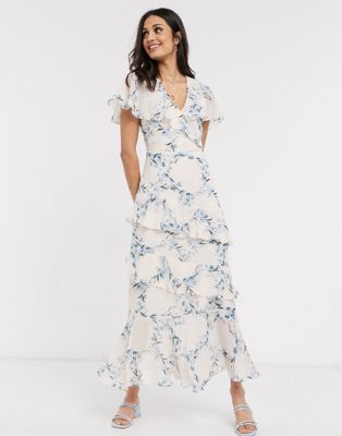 Oasis tiered ruffle maxi dress in blue 