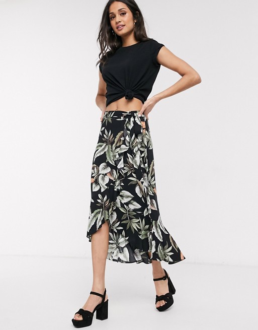 Oasis tropical leaf bird print wrap midi skirt in black