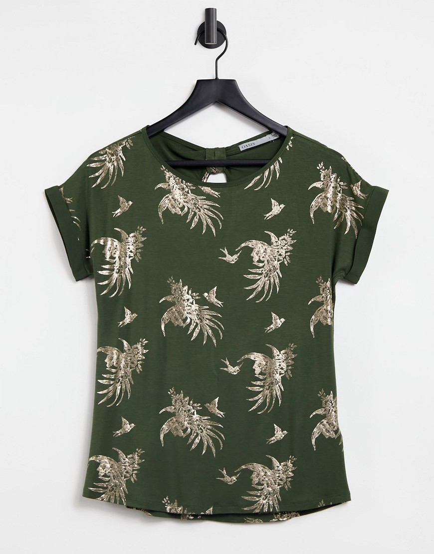 Oasis tropical print t-shirt in khaki-Green