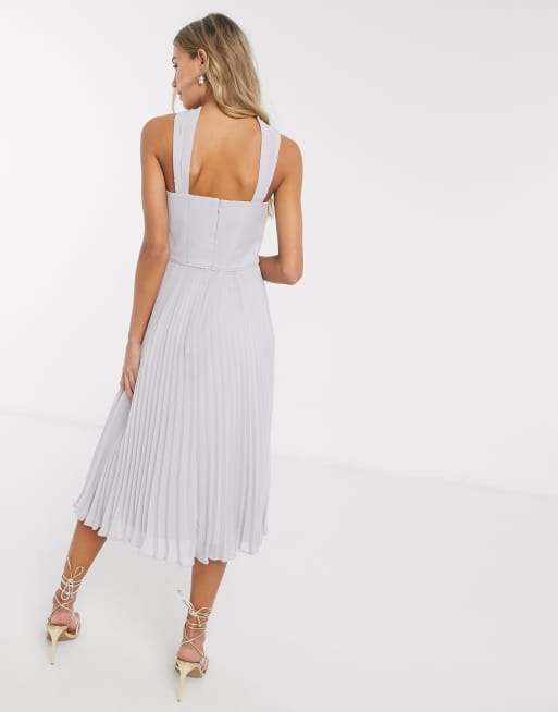 Oasis twist neck pleated midi dress in gray