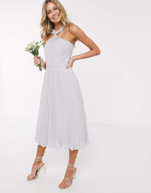 Oasis twist neck pleated midi dress in grey