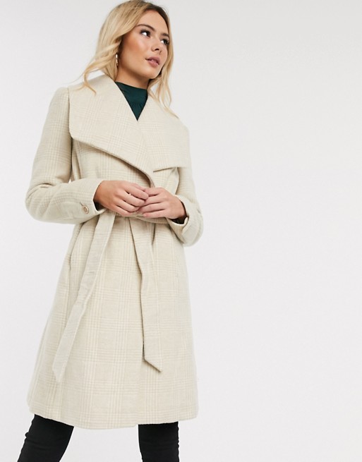 Oasis wrap coat with belt in check