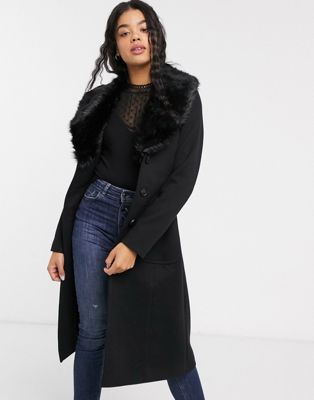 Oasis wrap coat with faux fur collar in black | ASOS
