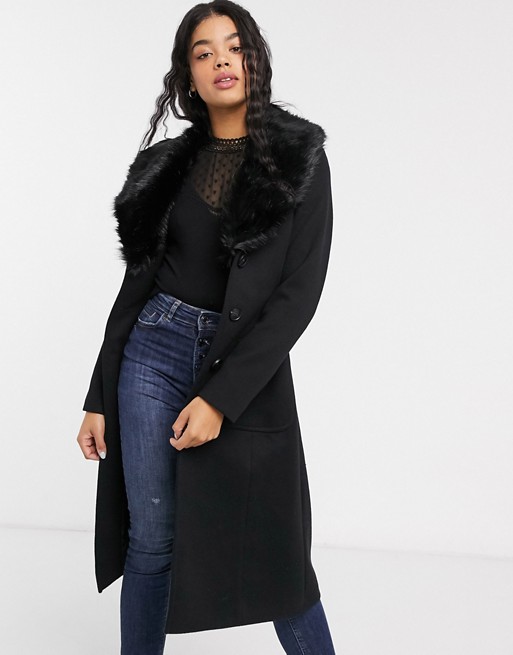 Oasis wrap coat with faux fur collar in black