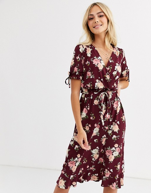 Oasis wrap dress with tie details in burgundy floral print