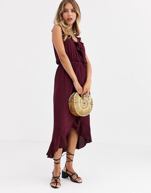 Oasis wrap midi dress with ruffles in berry