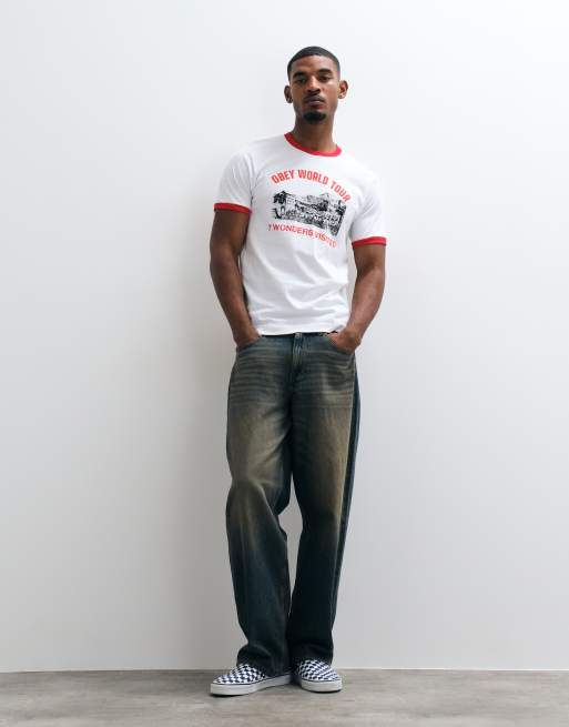 Obey 7 wonders world graphic short sleeve ringer t-shirt in white/red, 2 of 5