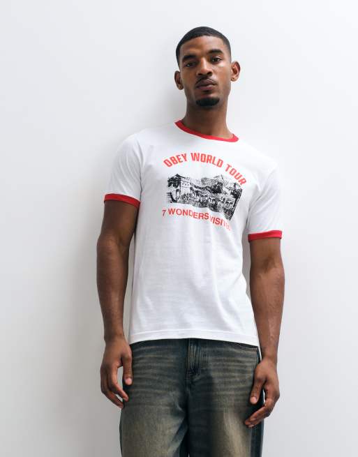 Obey 7 wonders world graphic short sleeve ringer t-shirt in white/red, 3 of 5