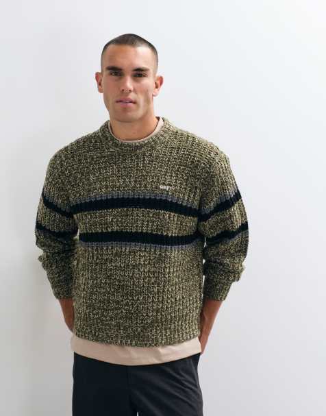 Obey alden stripe knitted crewneck jumper in green multi - view 1