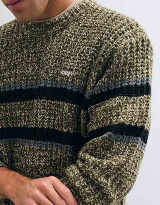 Obey alden stripe knitted crewneck jumper in green multi, 2 of 5