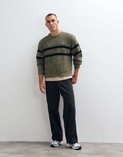 Obey alden stripe knitted crewneck jumper in green multi, 3 of 5
