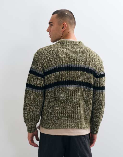 Obey alden stripe knitted crewneck jumper in green multi, 4 of 5