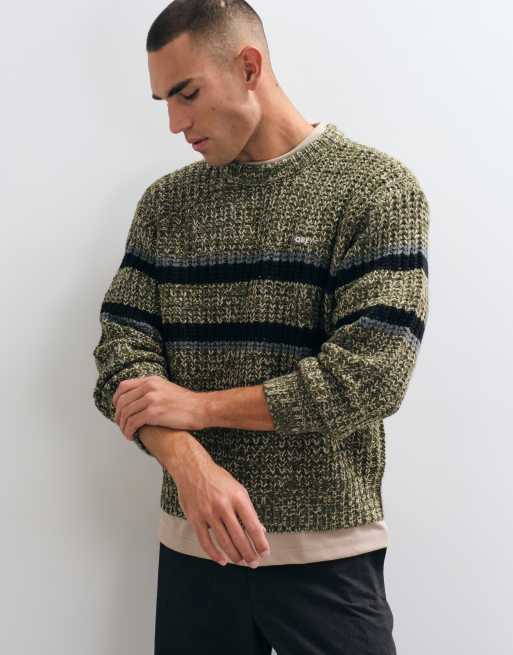 Obey alden stripe knitted crewneck jumper in green multi, 5 of 5