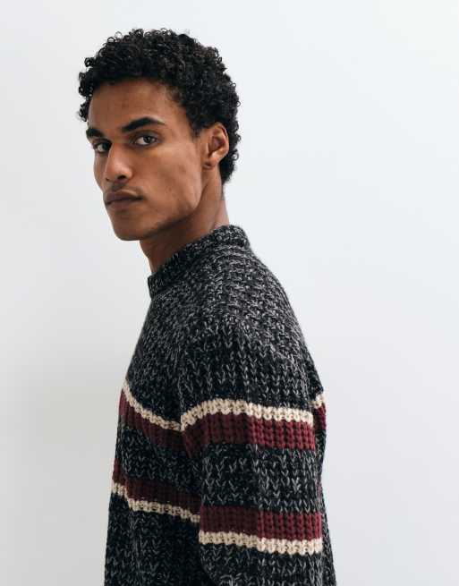 Obey alden stripe knitted crewneck jumper in grey multi, 3 of 5