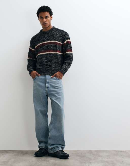 Obey alden stripe knitted crewneck jumper in grey multi, 4 of 5