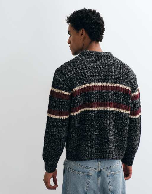 Obey alden stripe knitted crewneck jumper in grey multi, 5 of 5