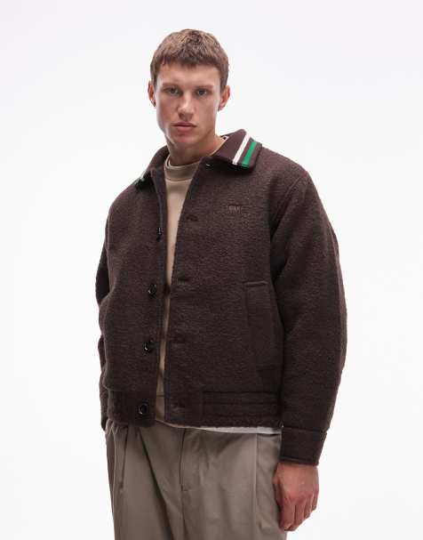 Obey arden fleece varsity jacket in dark brown - view 1