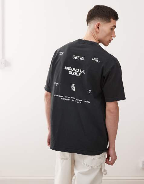 Obey around the globe graphic t-shirt with back print in pigment true vintage black - view 1