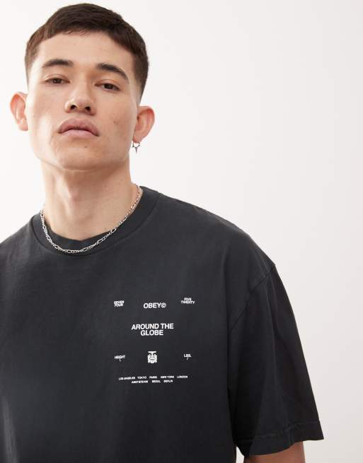 Obey around the globe graphic t-shirt with back print in pigment true vintage black