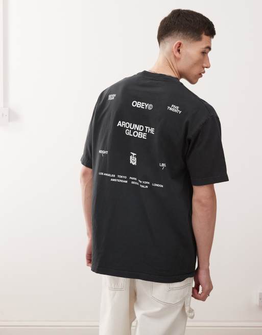 Obey – Around the Globe – T-shirt z grafiką z przodu i z tyłu, w czarnym kolorze true vintage