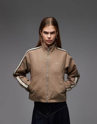 Obey - Astrid - Denim-Trainingsjacke mit seitlichen Streifen in Braun und Beige-Brown