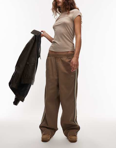 Obey astrid pull on baggy trousers with side stripe in brown and beige - view 1