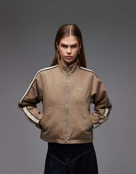 Obey astrid side stripe denim track jacket in brown and beige