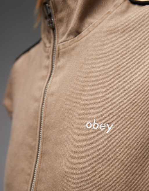 Obey astrid side stripe denim track jacket in brown and beige, 3 of 4