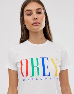 Obey – Avslappnad t-shirt med regnbågsfärgad logga framtill-Vit