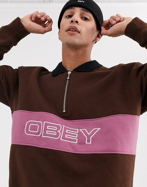 Obey Baron 1/4 zip sweat with panel logo in brown