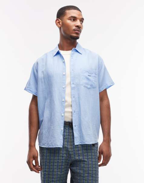 Obey barry woven linen mix short sleeve shirt in sky blue