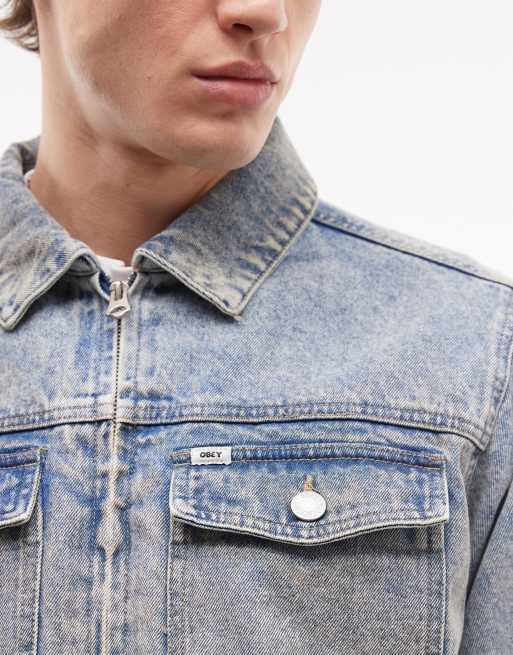 Obey - Base - Blå trucker-denimjakke i mellemvask, 4 af 5