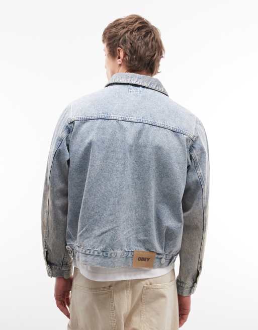 Obey base denim trucker jacket in mid wash blue, 5 of 5