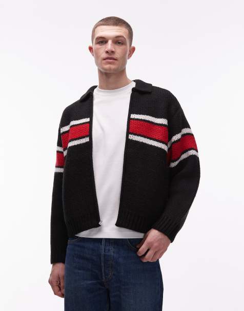 Obey bernard zip through cardigan in black and red