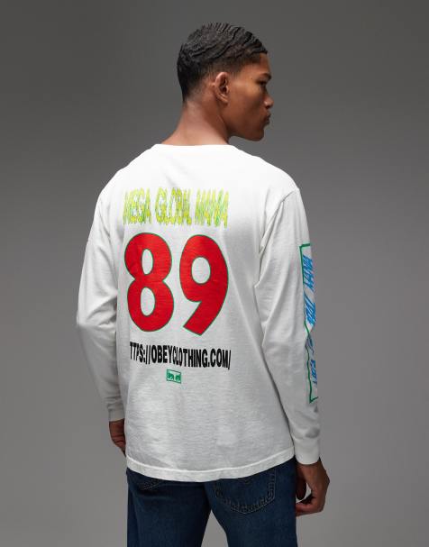 Obey – Biały T-shirt z długimi rękawami i grafiką „Mega Global Mania” na plecach - view 1