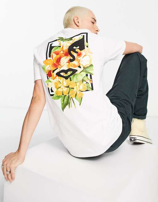 Obey – Biały T-shirt z kwiatowym nadrukiem na plecach