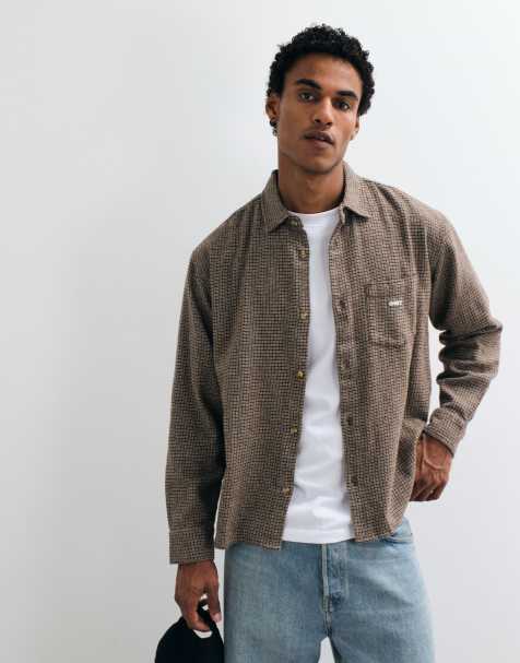 Obey bigwig dash checked long sleeve shirt in brown multi - view 1